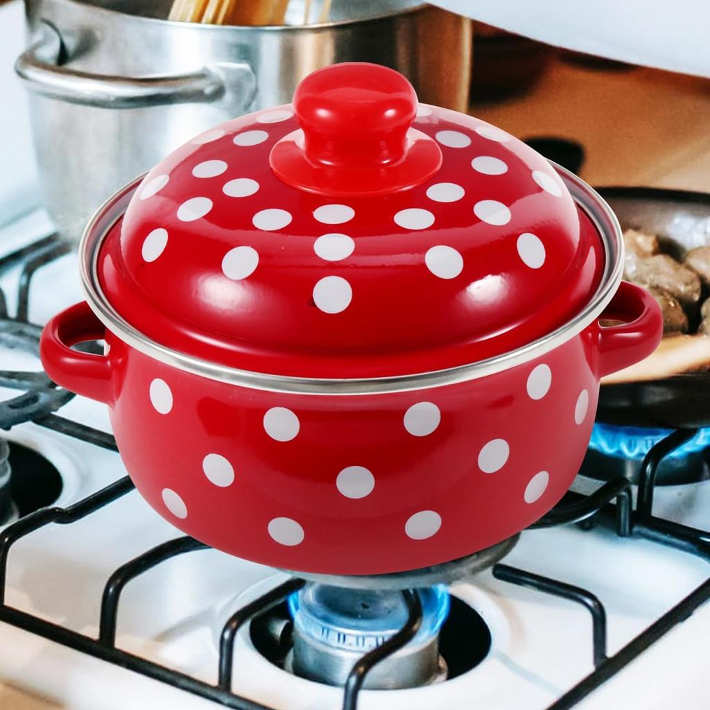 BESTOYARD 1 Quart Enamel Stock Pot with Lid - Double Ear Soup Pot for Simmering, Steaming, and Cooking - Vintage Style Kitchenware for Healthy Meals