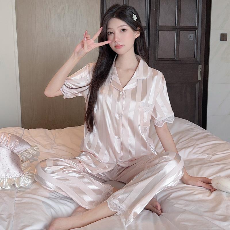 

Летние кружевные полоски в стиле пэчворк для женщин, комплекты пижам для отдыха на осень, комплект из отложного воротника из искусственного шелка и атласа с коротким рукавом, женская пижама для дома L белый