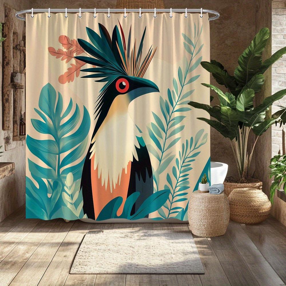 Tropical Crested Bird Shower Curtain, Vibrant Foliage & Exotic Bird Design, Fade-Resistant Polyester,  Tropical Bath Decor
