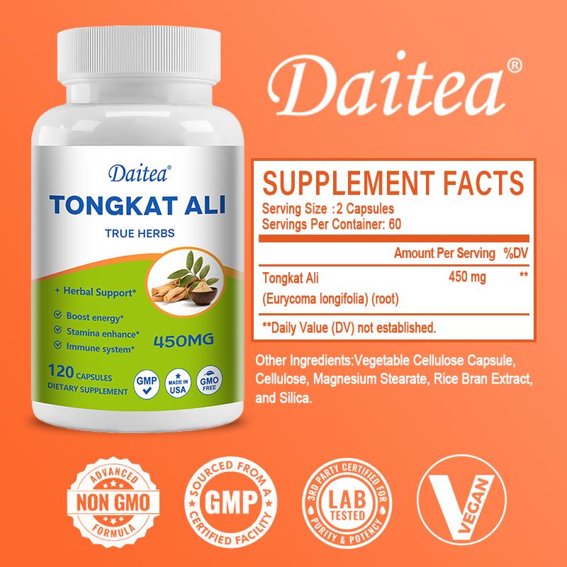 Tongkat Ali 450 mg Nahrungsergänzungsmittel, 120 Kapseln mit Kräuterextrakten pro Flasche