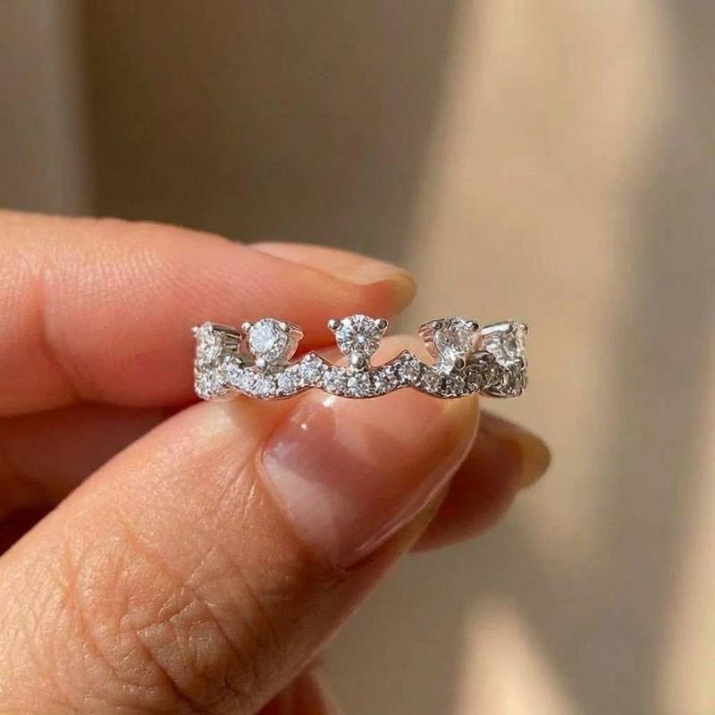 

925 Sterling Copper Elegant Crown Zircon Ring for Women Stackable Accessory Party Anniversaries Wedding Zircon Gift 7 белый