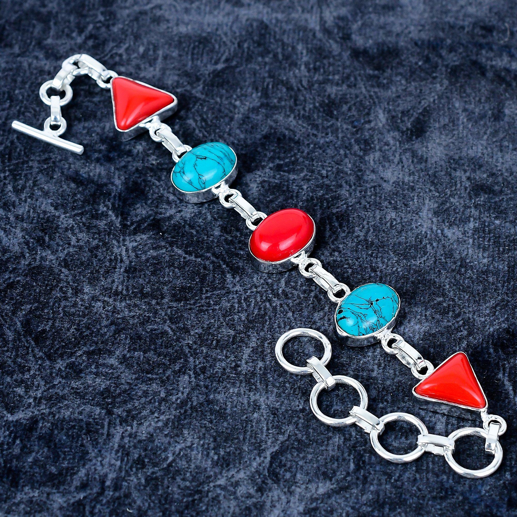 

Italian Red Coral, Turquoise Gemstone 925 Sterling Silver Bracelet 7-8 MM-3490