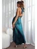 2023 Cross-Border Women's Solid Color Satin Halter Backless Slit Midi Evening Dress