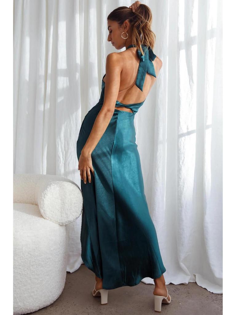 2023 Cross-Border Women's Solid Color Satin Halter Backless Slit Midi Evening Dress