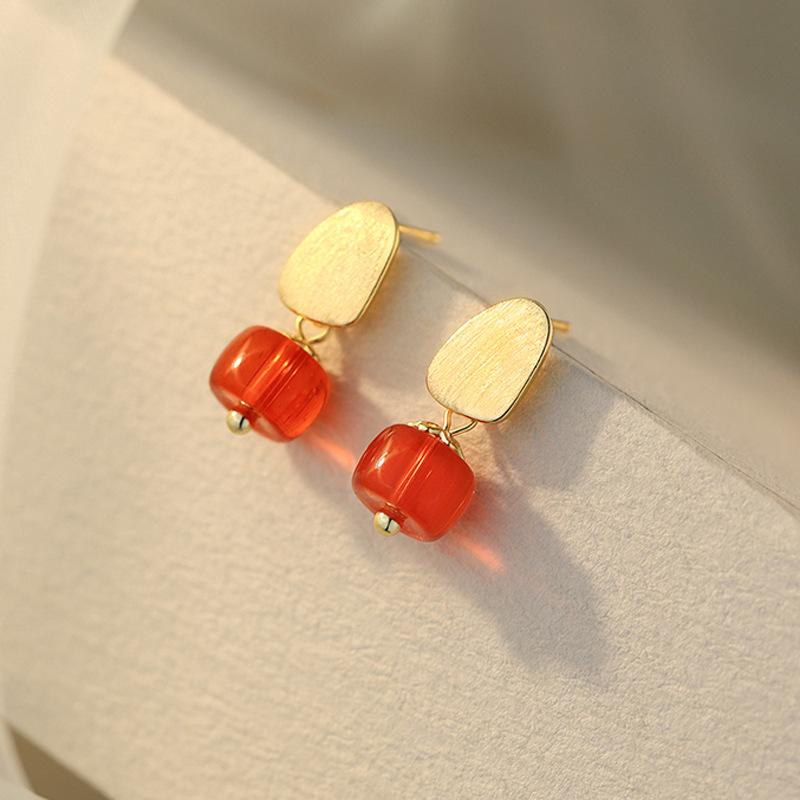 Persimmon Ruyi Earrings, National Matte Creative Design, Persimmon Red Round Bead Earrings, Gentle Temperament Red Earrings