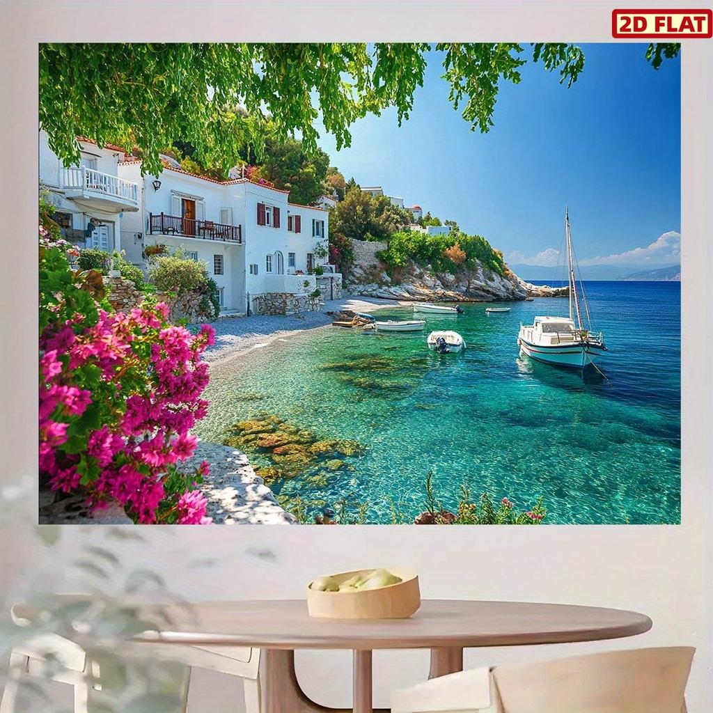 2D Plane 1 Piece of Background Fabric for a Greek Mediterranean Coastal Village Scene for an Aegean Theme Party Decoration