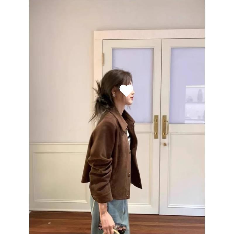 Giacca Corta da Donna in Pelle Scamosciata Color Cammello - Stile Coreano Retrò Primavera/Autunno