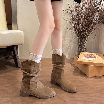 Wildleder Western Pile Stiefel Damen 2025 Neue Herbstmode Maillard Stil Dicker Absatz Kleiner Mittlerer Schaft Martin Stiefel