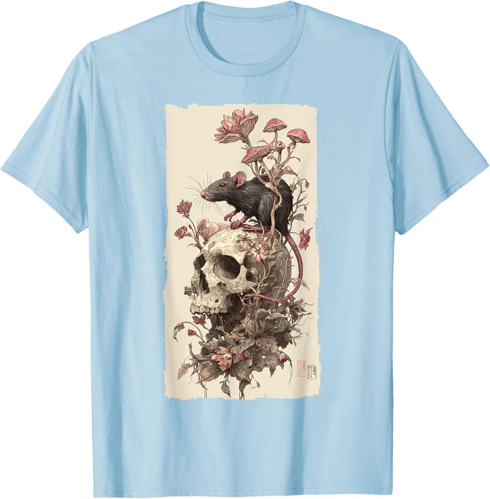 Gothic Rat Skull Mushroom Print Mens Casual Cotton Graphic Tee Soft Breathable TShirt