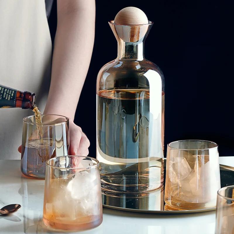Luksusowy szklany zestaw kubków na zimną wodę czajnik skandynawski styl karmelowy dzbanek na wodę drewniana pokrywka czajnik domowy dozownik wody