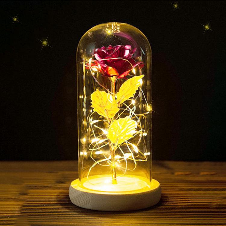 Glass cover LED light gold foil rose Christmas send girlfriend luminous rose night light handmade flower