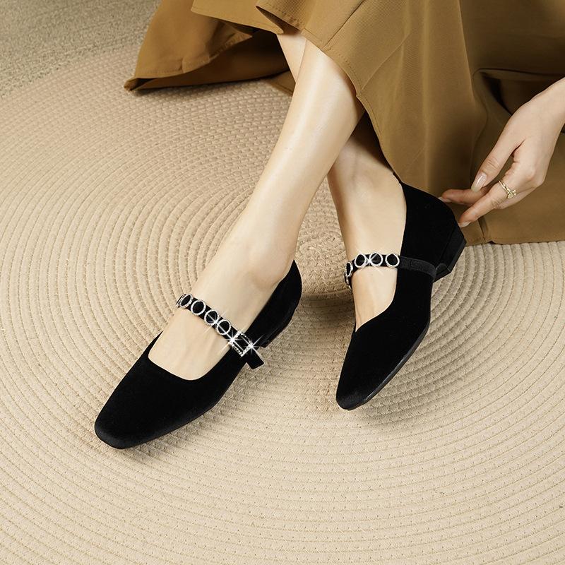 Retro Square Head Satin Thick Heel Light Mouth One-word Diamond Strap Small Low Heel Suede Mary Jane Single Shoes Elegant