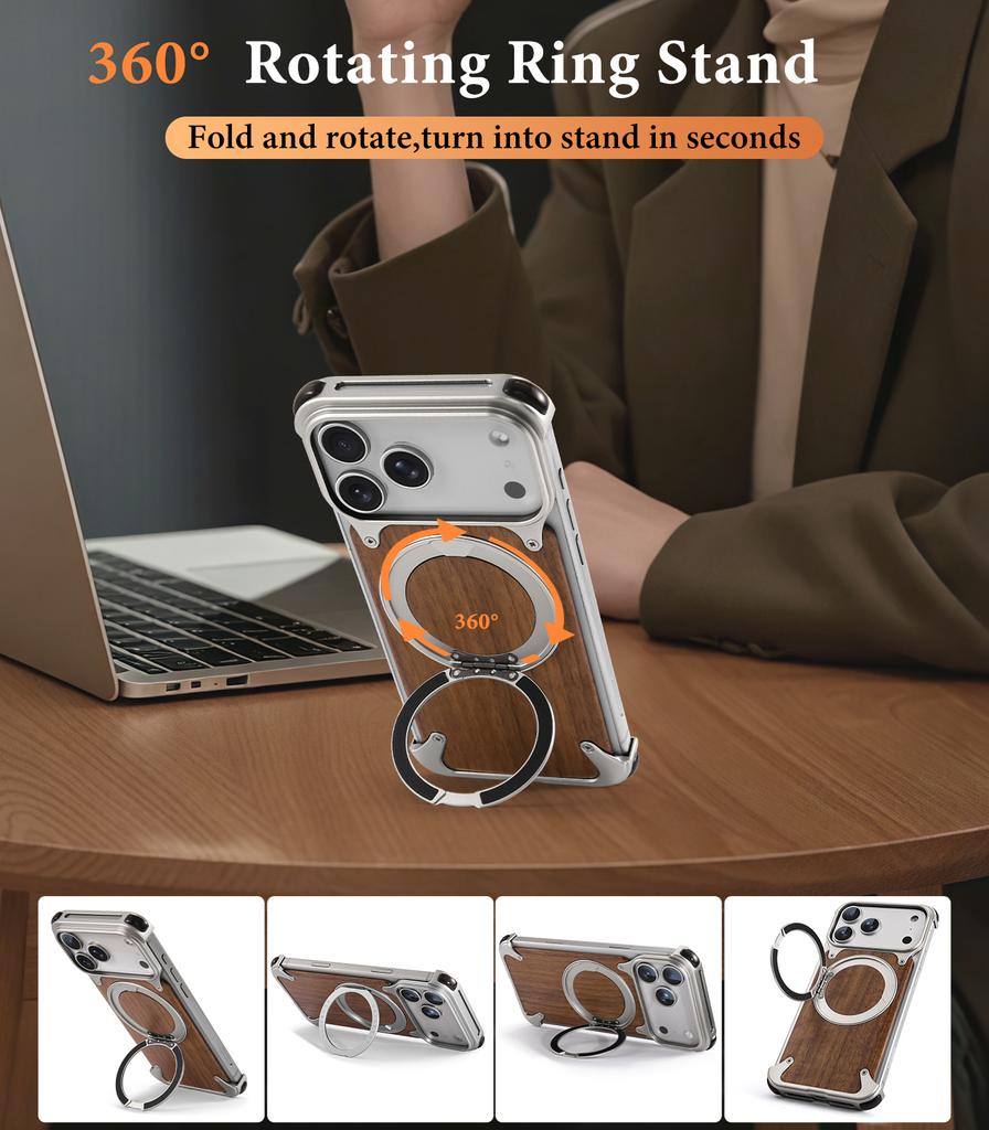 Oatsbasf Solid Wooden Phone Case for IPhone 17 16 Pro/Pro Max with Ring Stand 360° Rotation Magnetic Shockproof Protective Cover