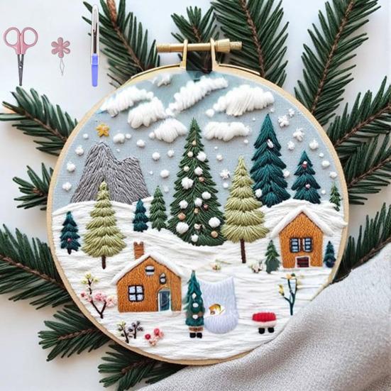 Christmas Embroidery Kit Winter Landscape Embroidery Starter Kit Santa Claus Embroidery Craft Set with Pattern Threads Needles for Beginners Adults