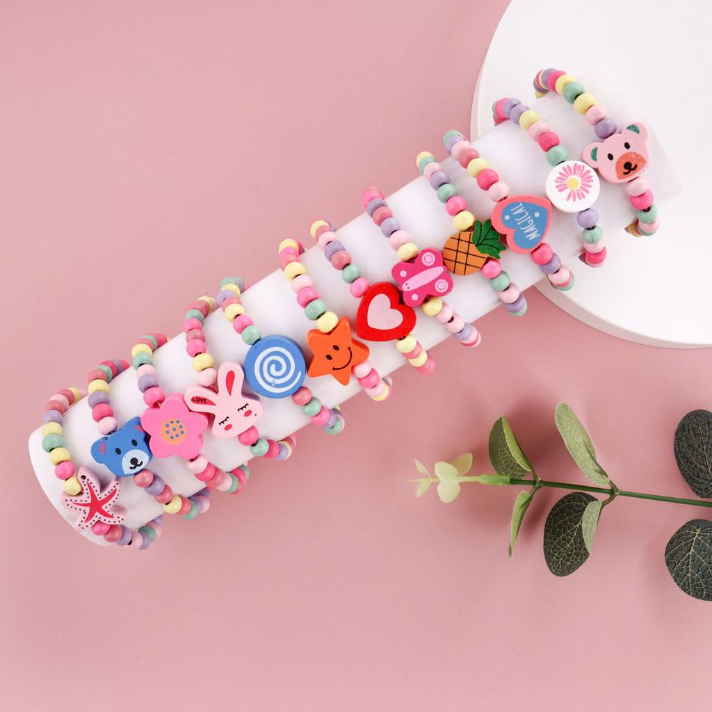 12pcs Cartoon Wooden Beads Bracelet for Kids Girl Birthday Party Favors Baby Shower Jewelry Gift Kindergarten Prizes Treat Bag