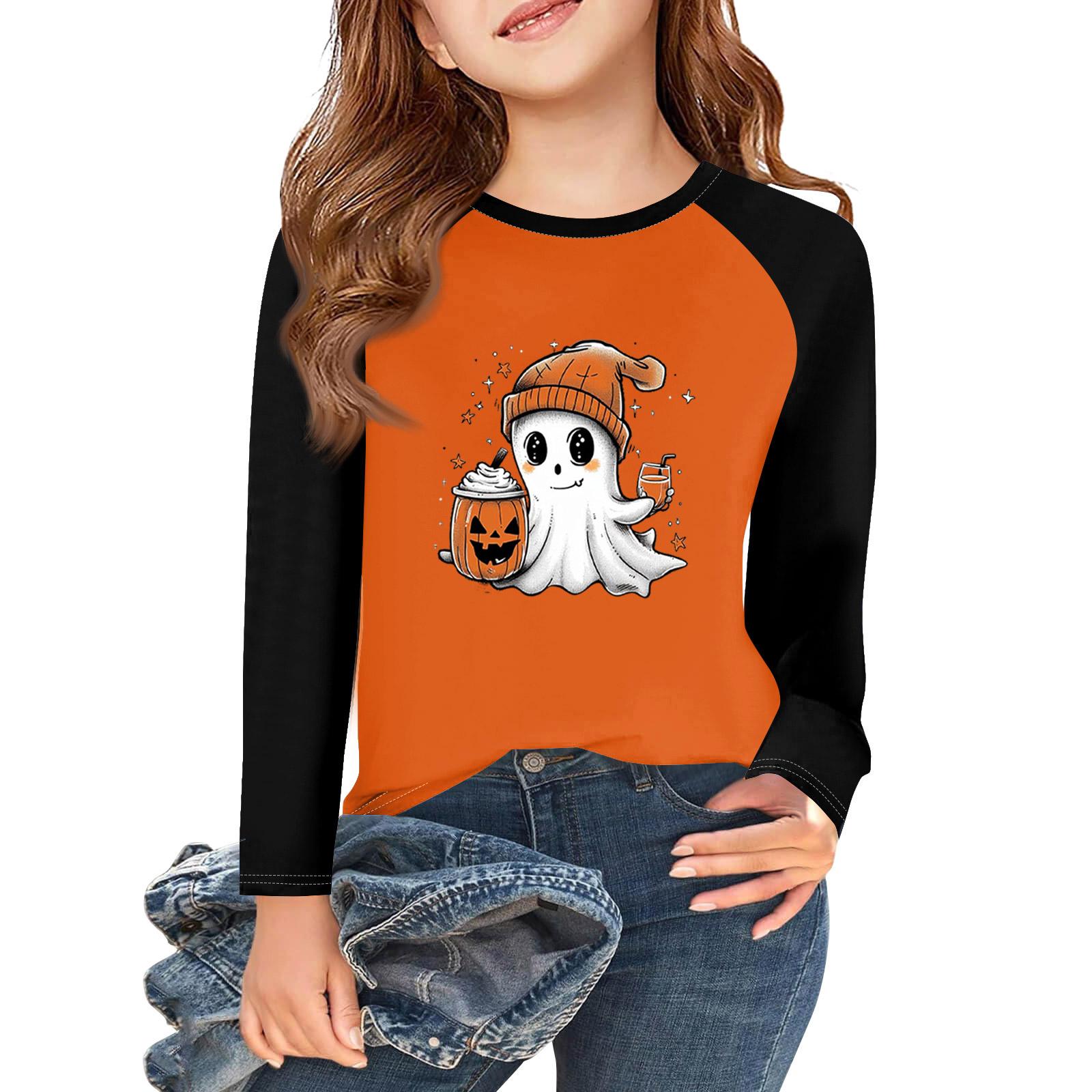 

Футболки с длинным рукавом для девочек на Хэллоуин, детские осенние топы с круглым вырезом, базовые футболки 5-14 лет 160 белый