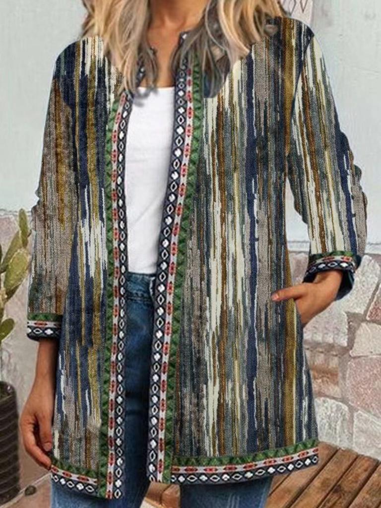 Women's Crew Neck Long Sleeve Cardigan Oversized Vintage Ethnic Print Plus Size Open Front Jacket Casual Outerwear