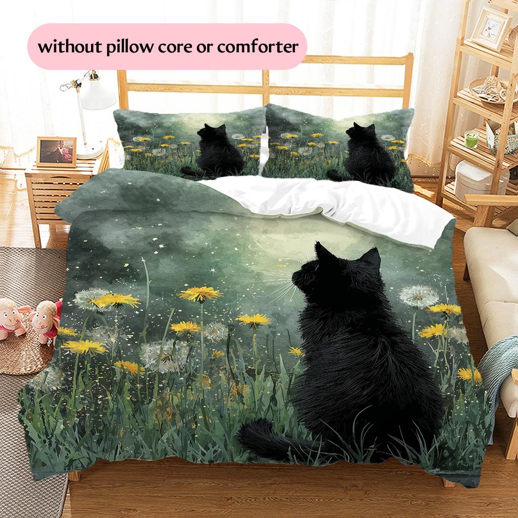 Black Cat at Night Pattern Bedding Quilt Set  Home Decoration  Gift (1 * duvet cover + 2 * pillowcase  without core)