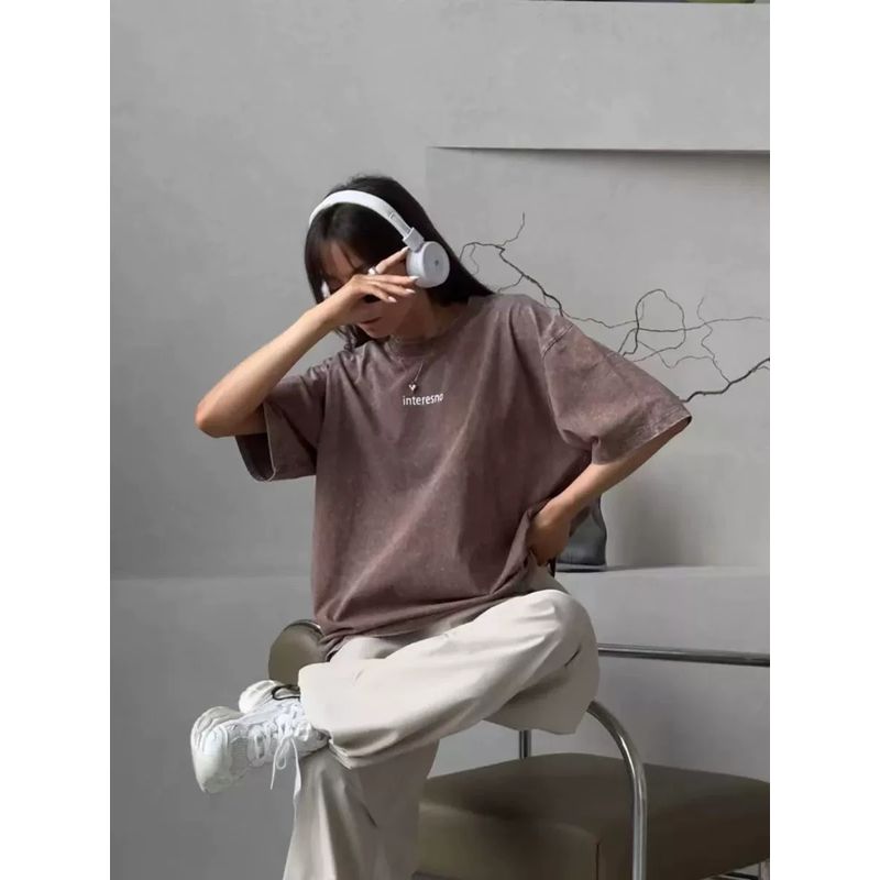 Fashion New Arrival Retro Crew Neck Loose Letter Print T-shirt Loose Letter Printed T-shirt