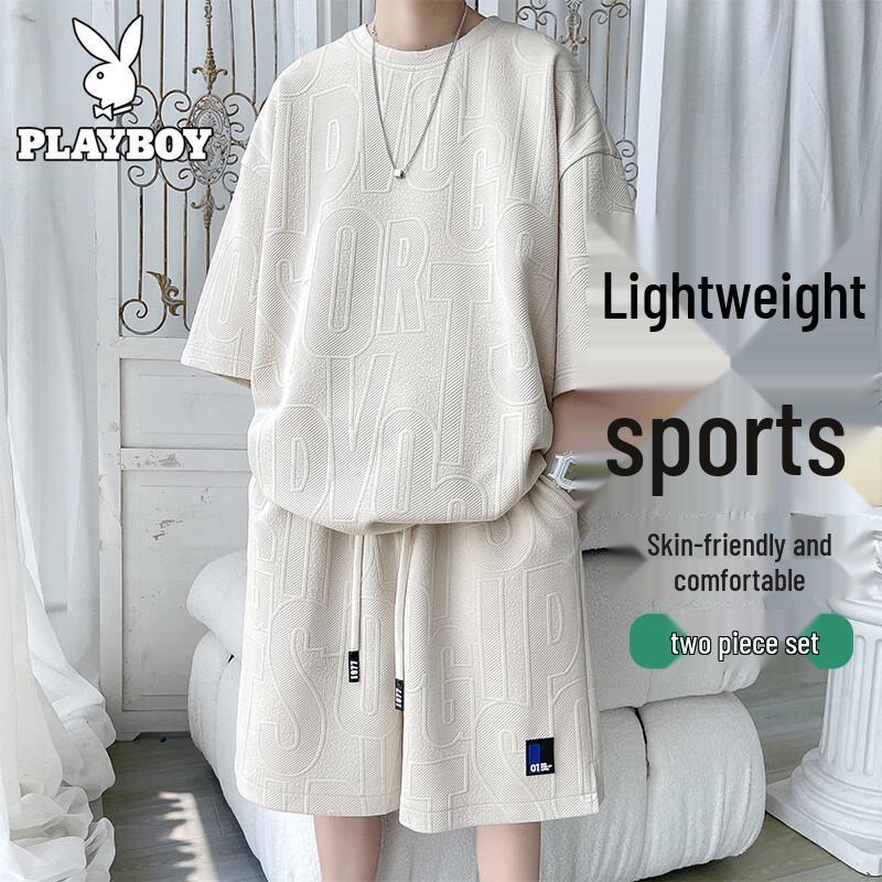 PLAYBOY Men s Ice Silk Short Sleeve Tracksuit Set L
