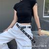 Women's Trendy Punk Leather Belt with Circle Buckle and Metal Chain Decoration