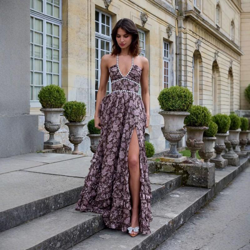 Floral Print Maxi Dress With Beaded Detail Sleeveless V-Neck Loose Fit A-Line Skirt XS
