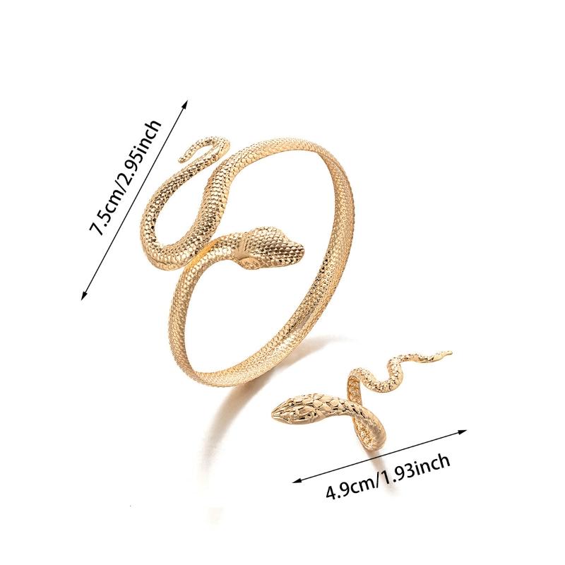 2Pcs Punk Snake Shaped Bracelets Ring Jewelry Set Spiral Snake Opening Bracelets Finger Rings Female Male Hand Jewelry