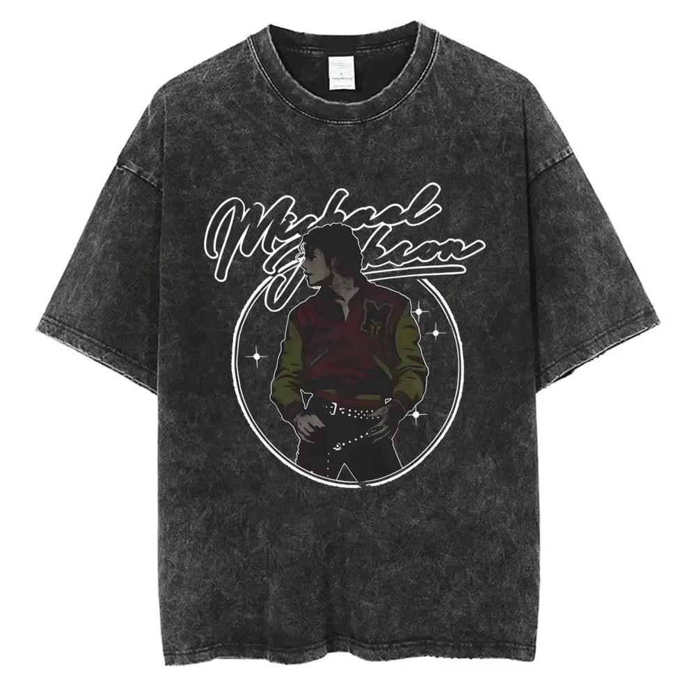 Der König des Pop Michael Jackson Vintage Washed T-Shirts Herren Damen Lässig Retro Baumwoll-T-Shirt Männlich Gothic Rock Übergroßes T-Shirt