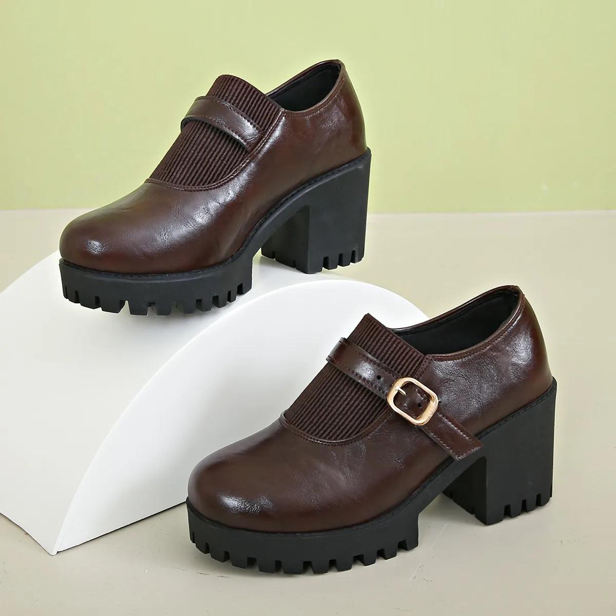 

Туфли-лодочки Muffin с толстым каблуком и глубоким горлом, женские, осенние, большого размера, толстая подошва, британские, маленькие, кожаные туфли 35 коричневый