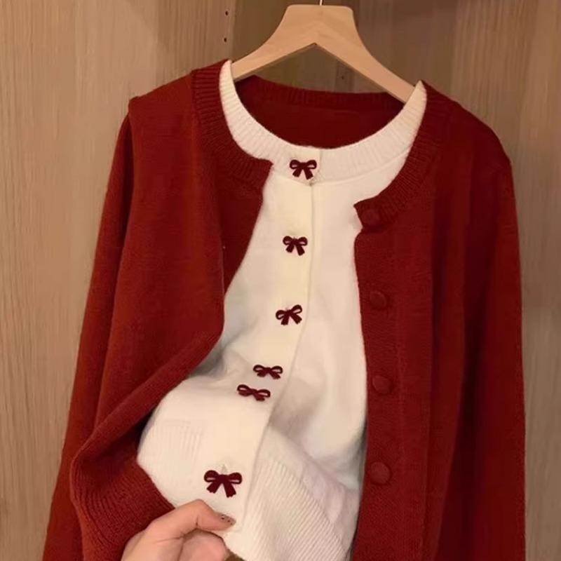 Herbst Winter Fake Zweiteiler Schleife Lässig Mode Strickjacke Strickmantel Damen All-Match Knöpfe Oberteil