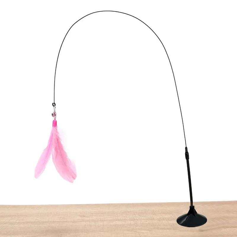Interactive Cat Toys Feather Wand with Super Suction Cup Detachable 2 PCS Feather Replacements Kitten Play Toy