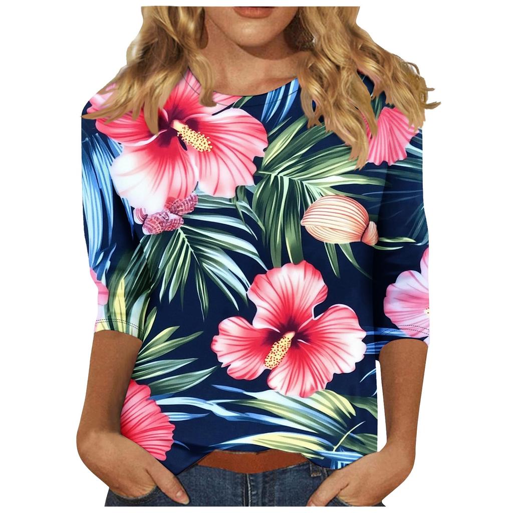 Modisches, lässiges Oberteil mit Dreiviertelärmeln und Blumendruck für Damen