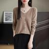 Women's 100% Fine Wool V-neck Loose Cardigan - Single-Breasted Solid Color, Casual Fashion