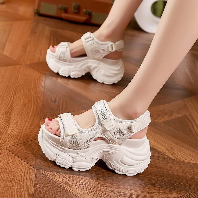 Fashion 9CM Summer Synthetic Microfiber Leather Hollow Vulcanize Peep Toe Hook Platform Wedge Women Sandals Flats Chunky Sneakers Shoes