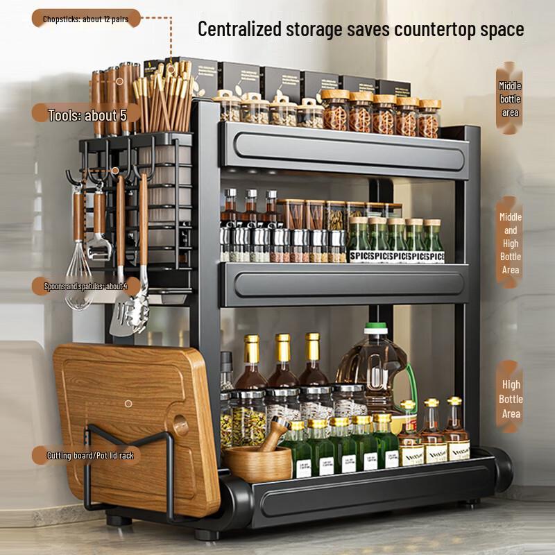 Multifunctional 3-Tier Carbon Steel Kitchen Storage Rack
