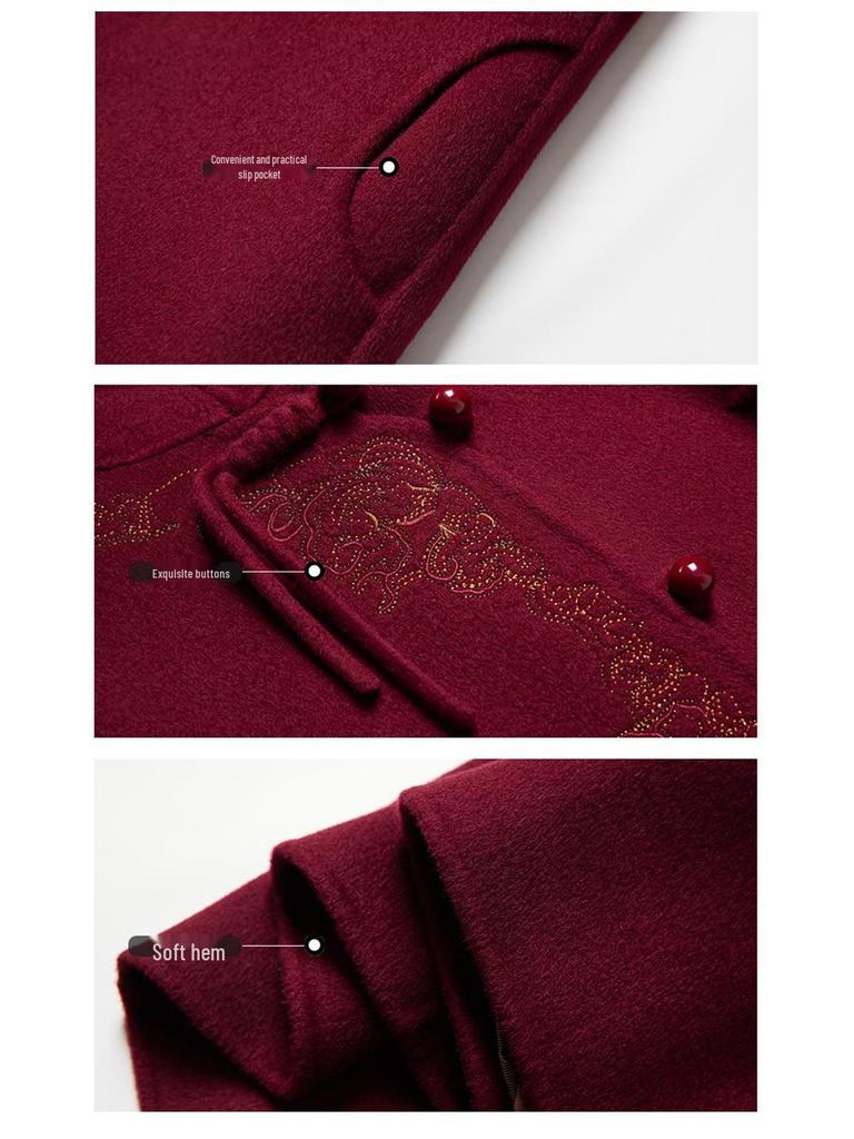 Damen Doppelseitiger Kaschmir-Wollmantel - Bestickt, Modische Kurze Jacke für Mittleren Alters & Ältere (Herbst Winter)