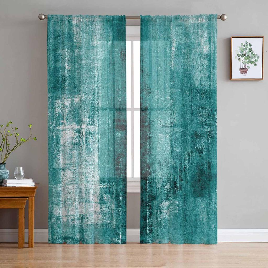 Oil Painting Style Turquoise Vintage Art Sheer Curtains for Living Room Decoration Window Curtains Kitchen Tulle Voile Curtains