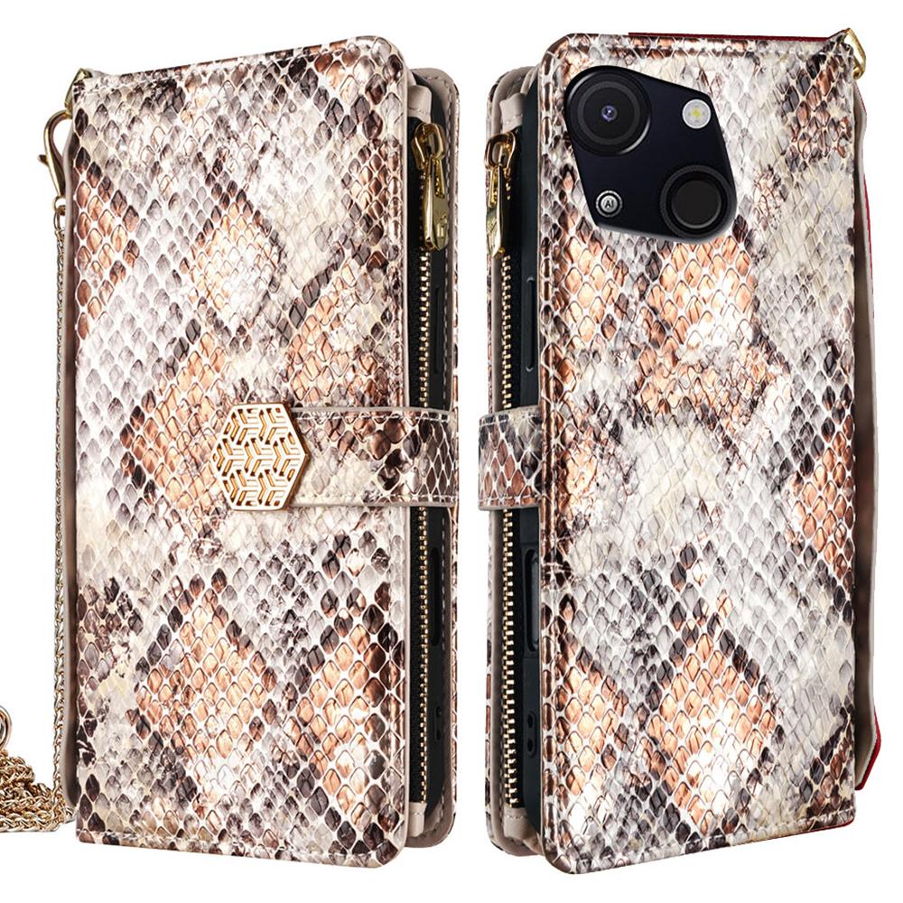 

For itel A50C Case Snake Skin Texture PU Leather Phone Wallet Cover with Shoulder Strap White