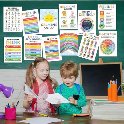 Affiches pour un coin apaisant (12 pièces) - Affiches sur la santé mentale - Tableau des émotions pour la salle de classe - Décoration murale pour les activités de garderie et de bibliothèque