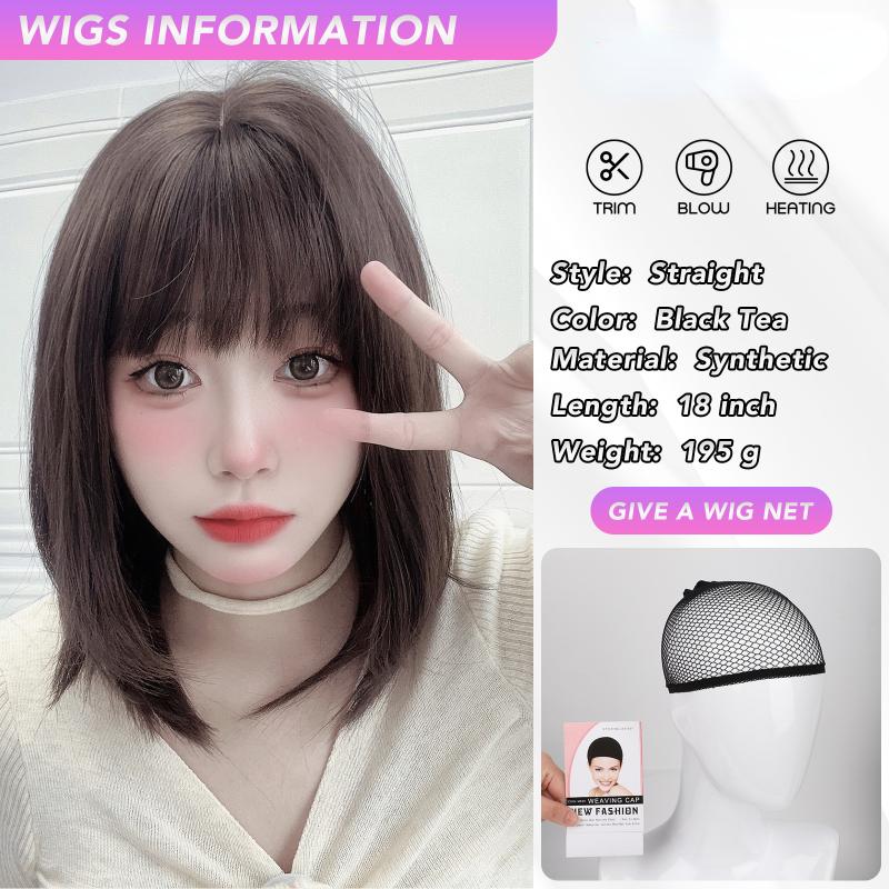 Brown Curly Wave Wigs Air Bangs 18 Inch Fiber Synthetic Heat-resistant Deep Wave Hair Sweet And Natural Party or Selfie Korean Fashion