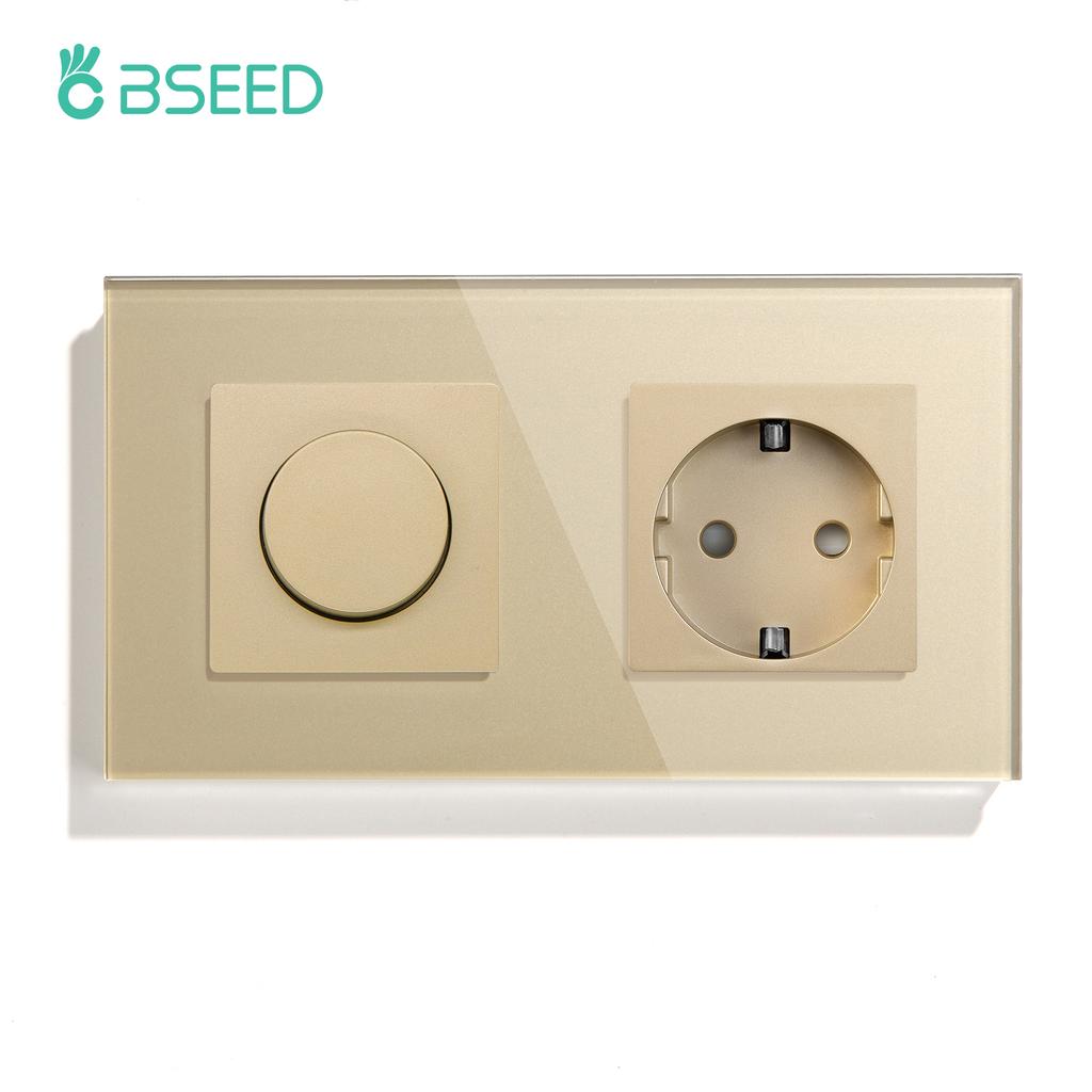 BSEED Mechanical Dimmer Fan Switch With 1/2/3Gang Wall Light Switches EU Socket USB Type-c Power Ports  2.1A Glass Panel