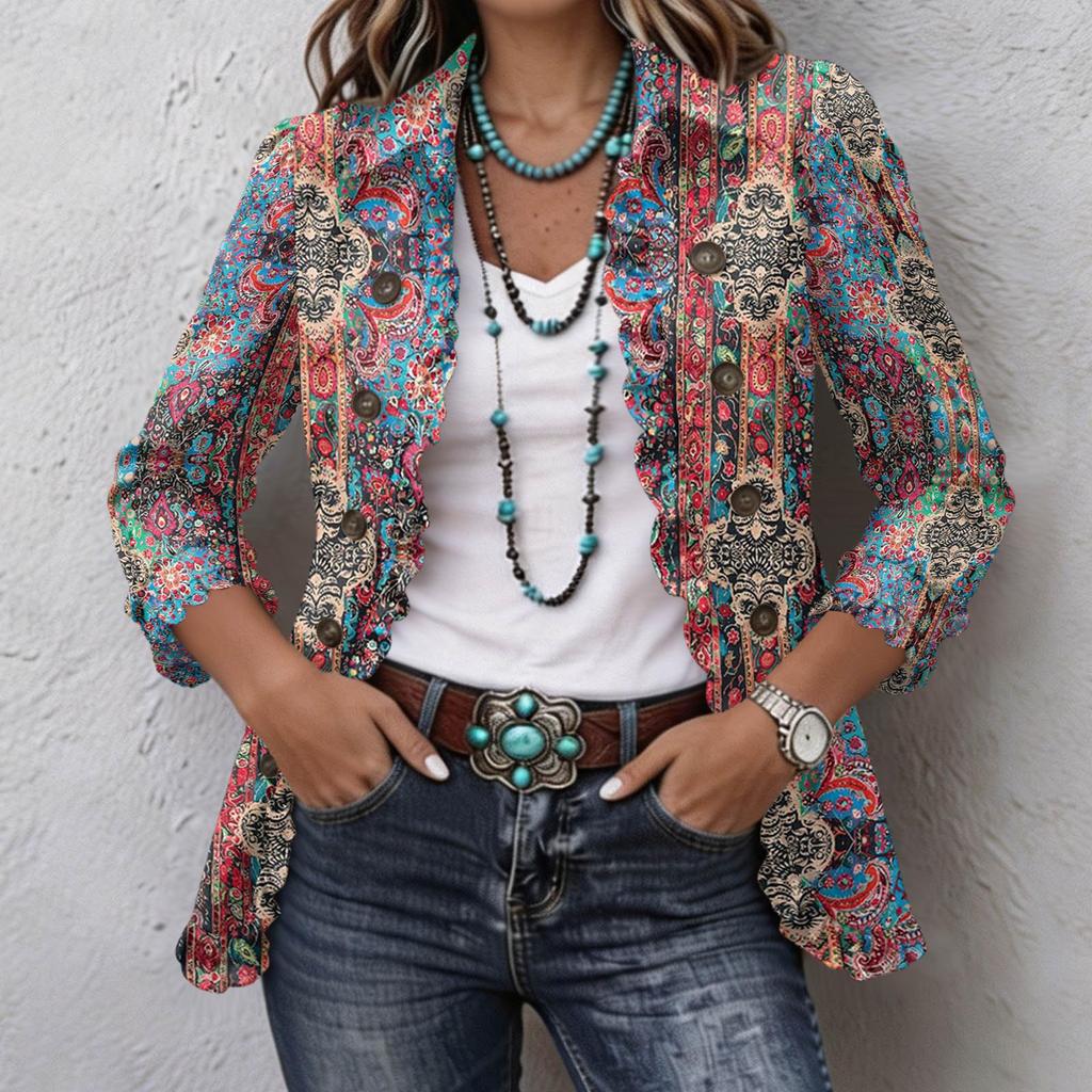 Women's Casual Floral Print Long Sleeve Ruffle Button-Down Shirt Jacket for Spring and Fall