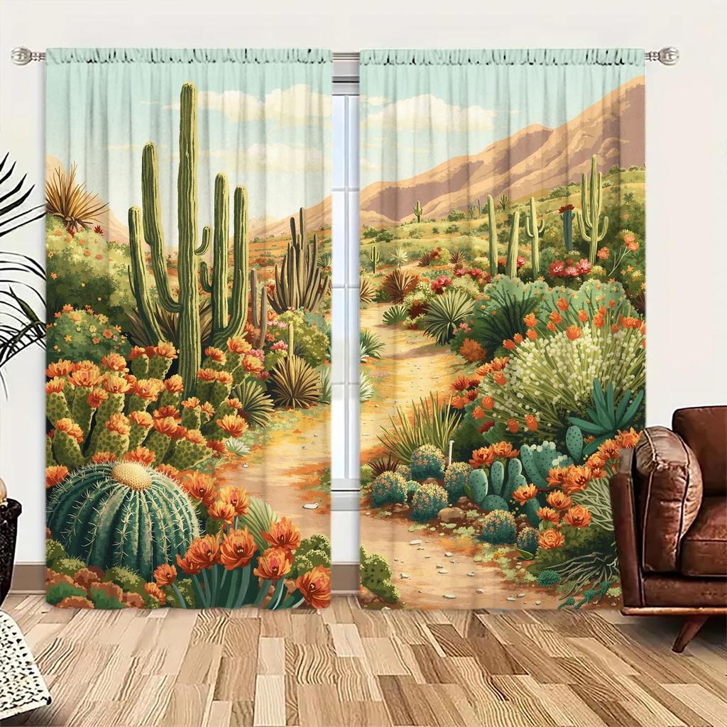 2pcs Desert Cactus Printed Curtain for Home Decor - Shade and Privacy Protection Suitable for Decorating Various Rooms