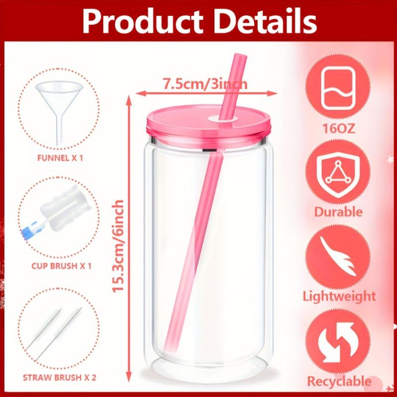 6PCS 16oz Double Wall Plastic Water Bottles with Straws Lids DIY Snowball Cup with Pre Drilled Hole Reusable Kids Drinkware Cups
