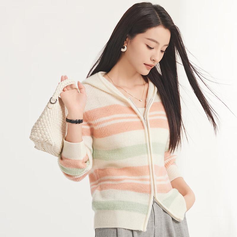 

FAPAI Women s 100% Wool Striped Hooded Zip Cardigan XL
