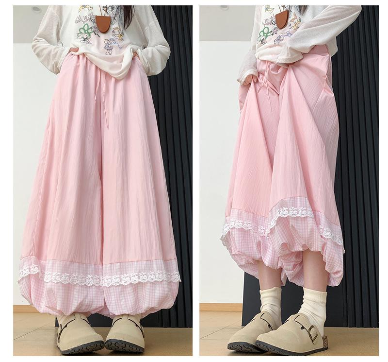 Lace Patchwork Lantern Pants - Spring/Summer Academy Style, Ice Silk, Wide-Leg Skirt Pants, Slimming Bud-Shaped Design.