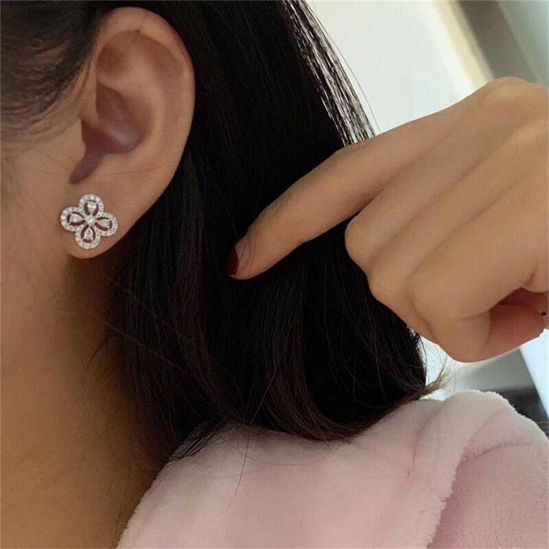 New Arrival Arrive Women Sterling Color Hollow Clover Ear Studs Shining Cubic Zircon Crystal Stone Earrings Girl JewelryWedding Jewelry