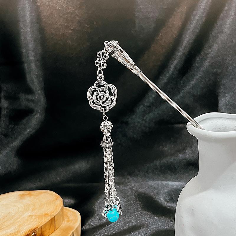 New Chinese Style National Tide Hairpin Minority Wind Hanfu Court Shaking Turquoise Hollow Flowers Tassel Hairpin