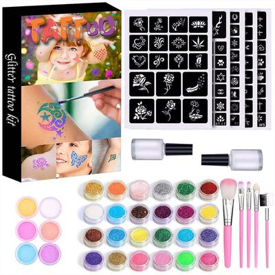30 Farben Diamant Glitter Art Charm Luminous Tattoo Set Glitter Puder Aufkleber Make-Up Pinsel Temporäres Tattoo Set Für Frauen Kinder