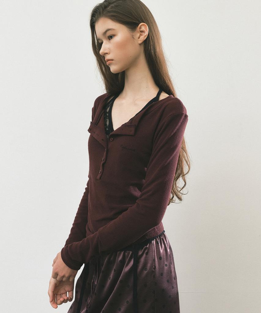 NICK&NICOLE Button Henley Long Sleeve Top_Wine